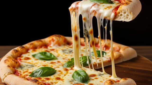 Delicious pizza slice lift with melting cheese and fresh basil garnish in closeup sequence