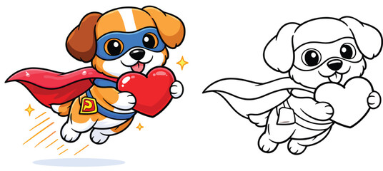 Obraz premium Black and white coloring book page outline vector image of a cute cartoon superhero dog flying and clutching a heart