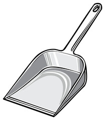 Illustration of an empty gray dustpan with a long handle and black borders on a clear white background