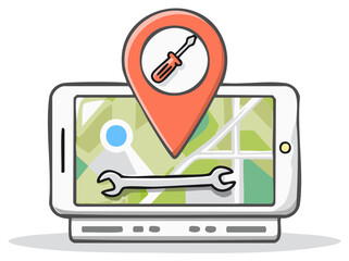 Finding a local mechanic or handyman service with a GPS navigation app on a tablet with repair tool icons