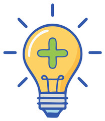 Bright Yellow Lightbulb Radiating Blue Lines with Green Cross Symbolizing Innovative Solutions and Creative Ideas
