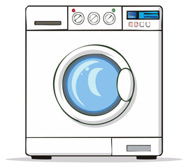 Vector cartoon illustration of a modern white front load washing machine appliance for laundry