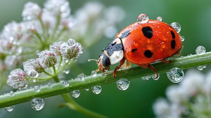 Obraz premium Close-Up of Colorful Ladybug on Green Stem Surrounded by Dew Drops, Natural Background Highlights Insect in Fresh Garden Environment