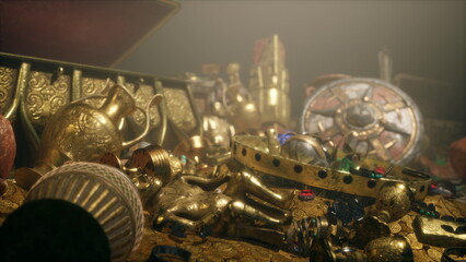 Artifacts and gold clutter the ground in an ancient space, illuminated by soft light. Jewelry, vessels, and figurines tell stories of a long lost civilization and its riches. © icetray