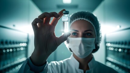 Female Scientist in Lab Coat and Mask Holding Glowing Vaccine Vial