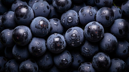 Deep violet grapes cluster with reflective water drops