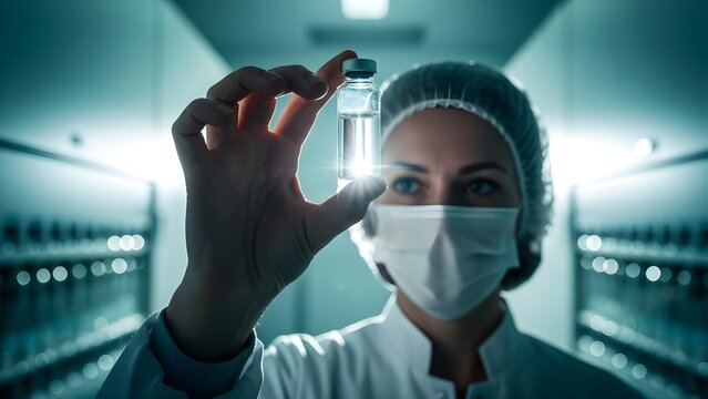 Female Scientist in Lab Coat and Mask Holding Glowing Vaccine Vial