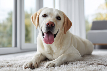 Friendly labrador retriever dog lying on carpet indoors
