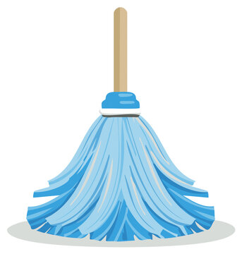 Cartoon Style Blue String Mop with Wooden Handle Cleaning Supply Illustration