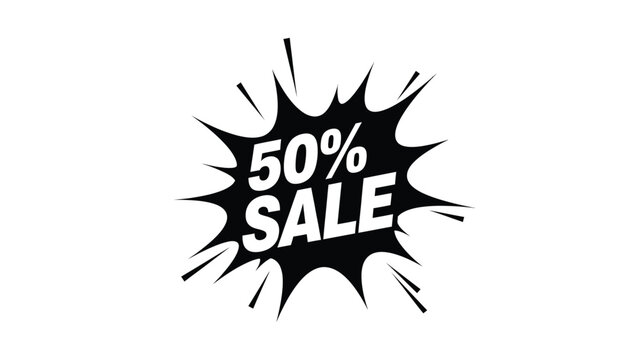 a black and white image of a sale sign with 50 percent off