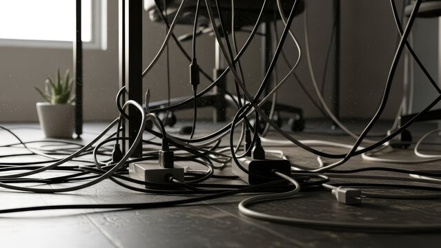 Tangled Cables and Wires on Floor.