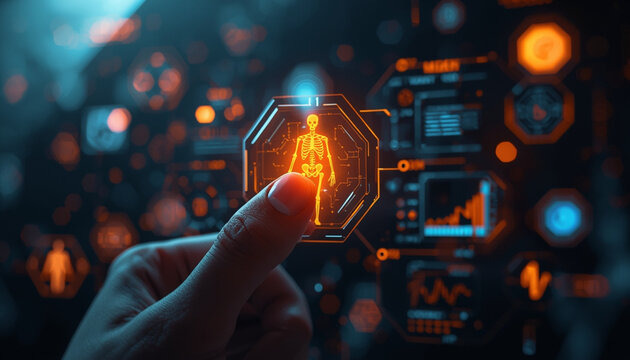 A hand interacts with a futuristic digital interface with a human icon and various graphs - Powered by Adobe