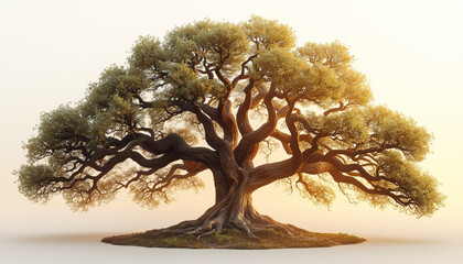 A majestic tree with sprawling branches stands alone on a small mound of grass against a serene background