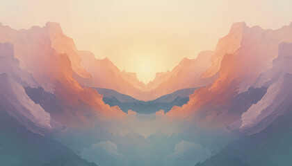 A serene mountain landscape at sunset with vibrant colors and peaceful atmosphere