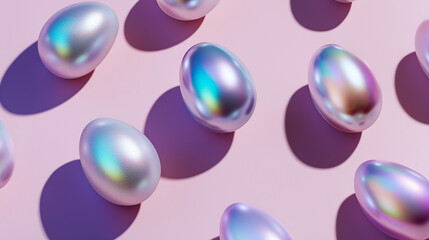Easter eggs holographic iridescent rainbow pink background shadow. Modern minimal pastel purple blue metallic shine floating pattern. Spring holiday contemporary futuristic celebration design concept.