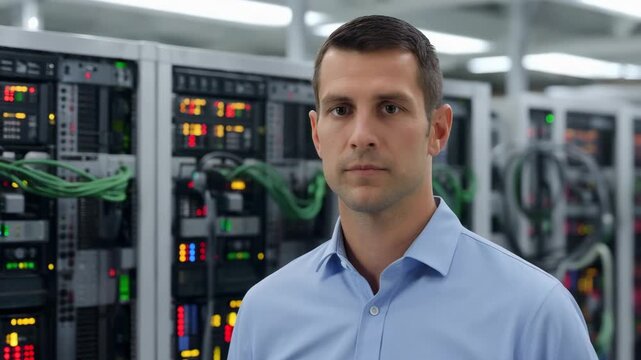 Data center technician standing in front of server racks with network cables and indicator lights