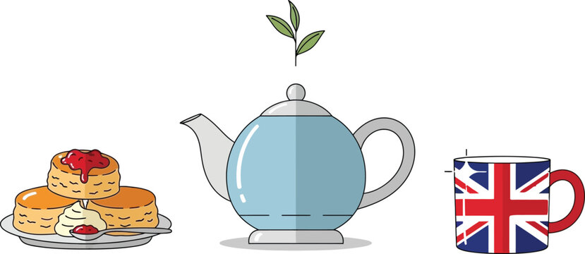 Traditional english tea time still life with scones with clotted cream and jam teapot and british flag mug