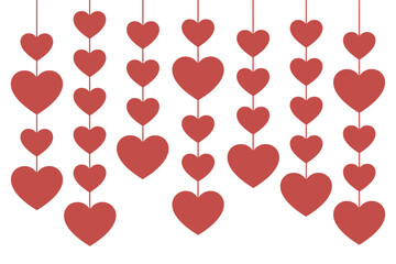 A festive arrangement of red hanging hearts on a white background for Valentine's Day or love-themed celebrations