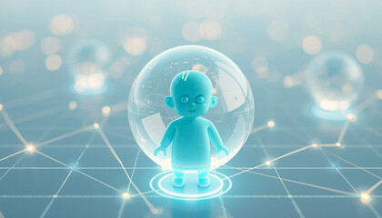 A futuristic digital illustration of a small blue humanoid figure enclosed in a transparent sphere on a network grid background.