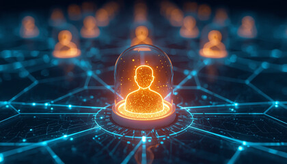 A glowing digital human icon protected by a glass dome on a futuristic network background