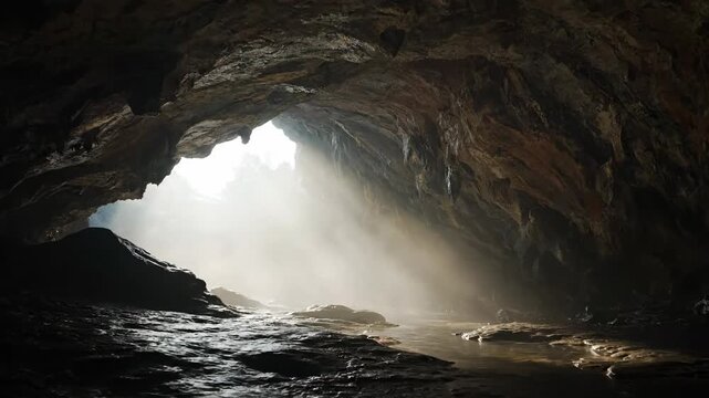 Sunlight beams into dark cave entrance illuminating mist and rocky formations