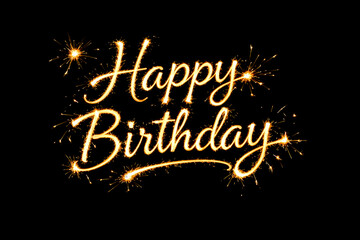 Sparkler Happy Birthday lettering glowing on a dark background - greeting card, party invitation, and celebration marketing