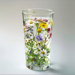 Glass of clear water filled with colorful wildflowers, isolated on a light background.