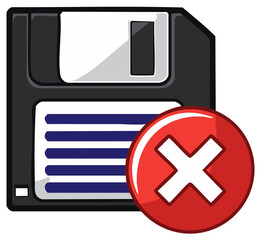Obraz premium Retro computer floppy disk with red cross mark indicating data error deletion or failure