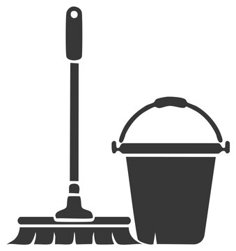 Cleaning supplies: mop and bucket, monochrome, housework concept