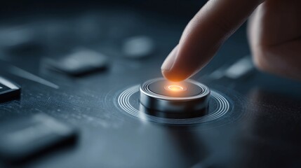 Finger pressing glowing button on modern control panel