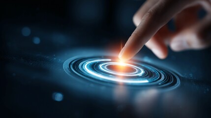 Finger interacting with glowing digital interface technology