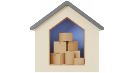 House with cardboard boxes inside moving storage delivery isolated on a transparent background