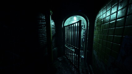 A dimly lit corridor invites curiosity, featuring a metallic gate partially open. The blue glow...