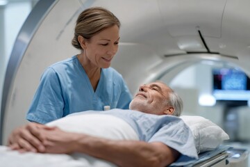 Obraz premium Senior male patient talking to a female nurse before a CT scan in a hospital. Healthcare professional providing support during a medical imaging procedure