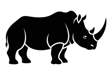 Obraz premium Powerful black silhouette icon representing a large rhinoceros featuring a prominent horn and thick skin outline, suitable for graphic design projects.