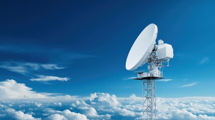 Satellite Dish on Tower Against Clear Blue Sky with Clouds Below