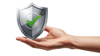 A hand holding a silver shield with a green checkmark isolated on transparent background