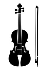 Elegant black silhouette icon depicting a classical violin musical instrument positioned perfectly next to its matching bow ready for orchestral performance.