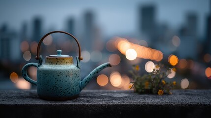 Water pot on ledge with can and city sky backdrop