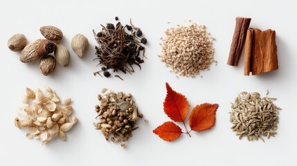 A Colorful Display of Various Spices and Herbs on a White Background Highlighting the Diversity and Beauty of Natural Ingredients in Culinary Arts