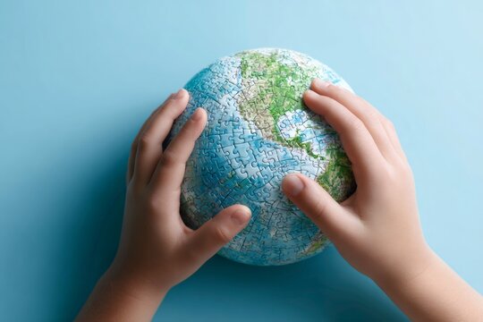 Child's hands holding a puzzle globe of planet Earth. Concept for environmental care, global solutions, and the future of the world - Powered by Adobe