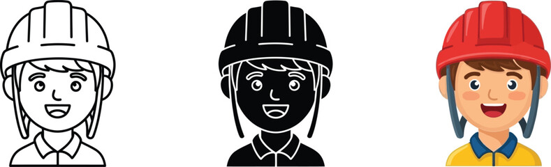 Illustration of a happy construction worker wearing a hard hat in various styles
