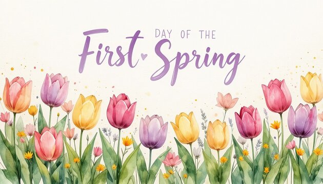 First day of spring greeting card. Colorful tulips and wildflowers blooming on a white background with elegant typography, floral, seasonal, nature, celebration.