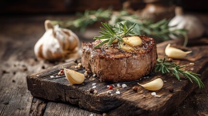 Juicy grilled steak garnished with garlic and rosemary on rustic wooden board, enticing aroma of spices and herbs, perfect for gourmet meal presentation