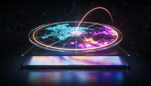 Holographic global cyber threat map radar dashboard hovering above laptop network monitoring security analytics and intrusion detection futuristic 3d render - Powered by Adobe