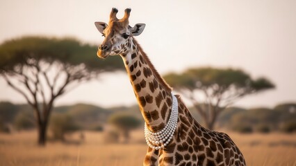 Giraffe wearing pearl necklace in savannah at sunset, majestic wildlife portrait