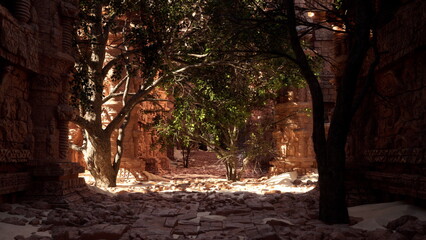 Obraz premium Sunlight filters through ancient trees, illuminating stone ruins overgrown with foliage. The scene is tranquil, showcasing nature reclaiming the remnants of a lost civilization.