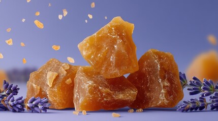 salt sparkles on caramel shards against lavender texture backdrop