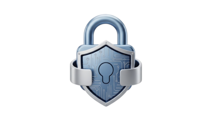 A silver padlock with shield on isolated on transparent background