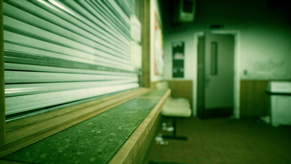 A still scene captures the lonely ambiance of a diner at night. The counter, marked with subtle wear, sits under dim lighting, hinting at past conversations and late night snacks. © icetray